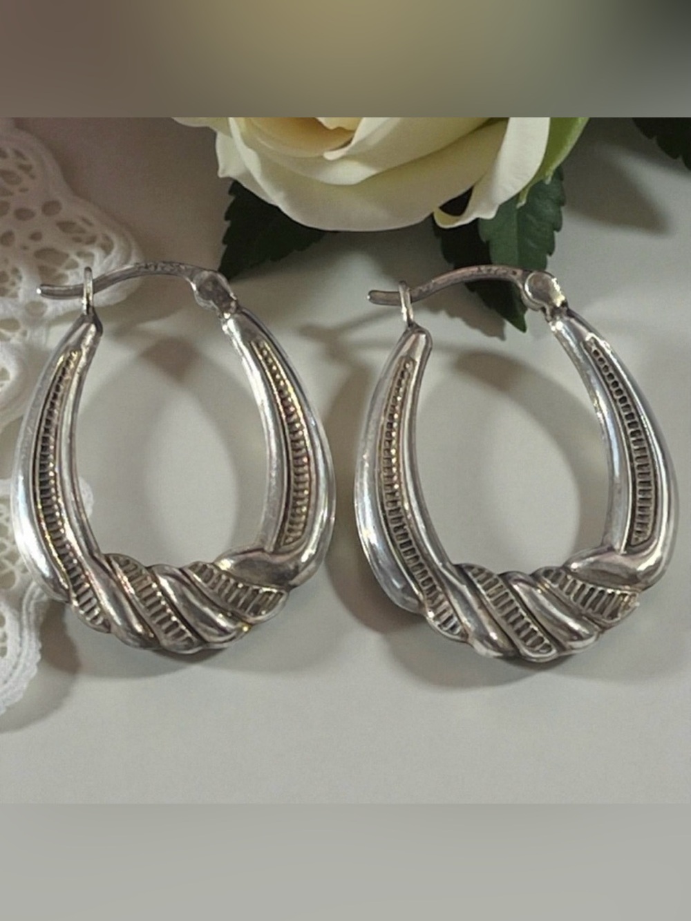 Signed SA925 Silver Textured Hoop Earrings